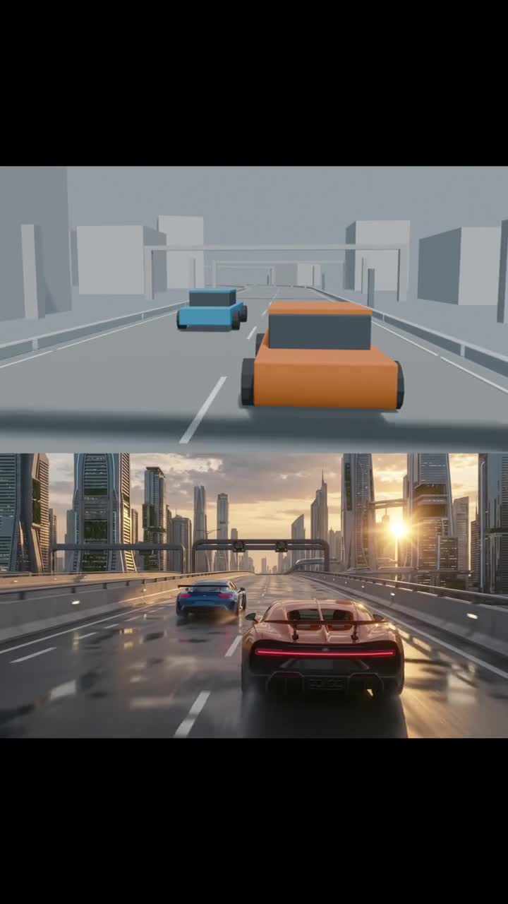 자동차 3D 블록아웃과 AI 렌더 비교